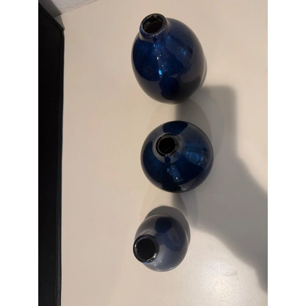 Set of 3 different sizes Cobalt Blue Ceramic Bud Vases Glossy Glaze Minimalist
